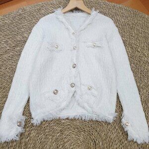 White Tweed Fringe Jacket Silver Lion Button Chanel Style Coat